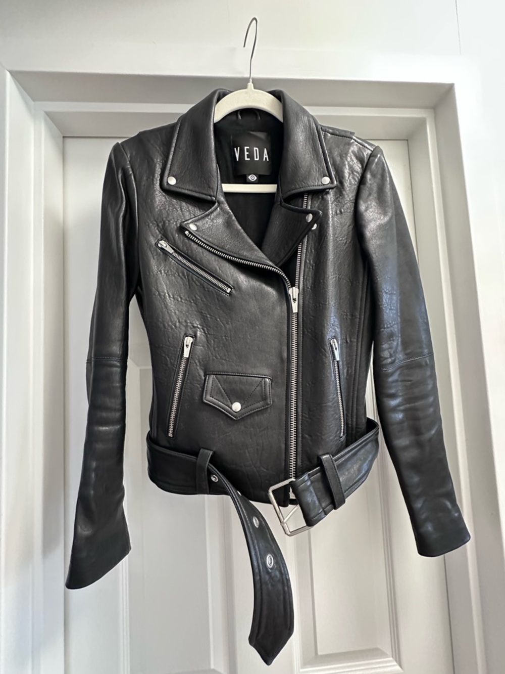 Veda Black lambskin Leather Biker Jacket with Belted Waist